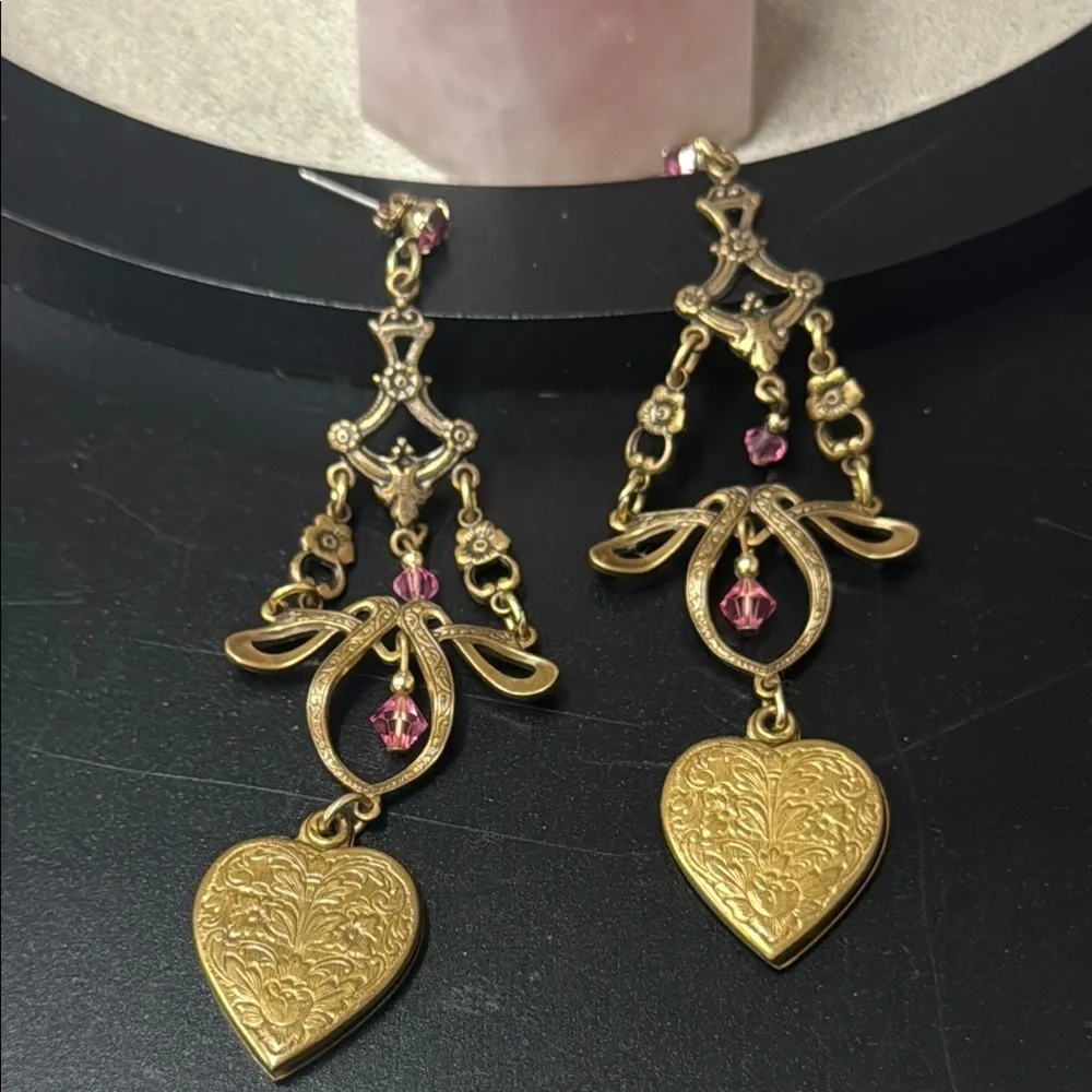 Vintage. Heart. Dangle Gold and Pink Heart Drop Earrings
